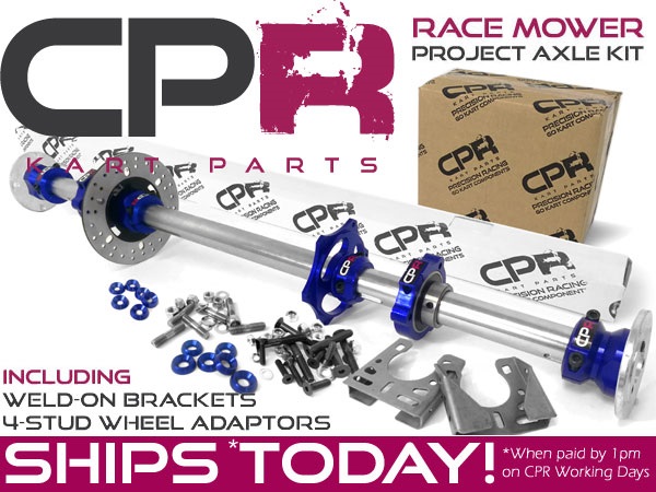 Complete Racing Mower 40mm Axle Kit 8mm Keyway Blue with Weld-on Brackets and 4-Stud Wheel Adaptors (With subs Silver Bearing Hangers)